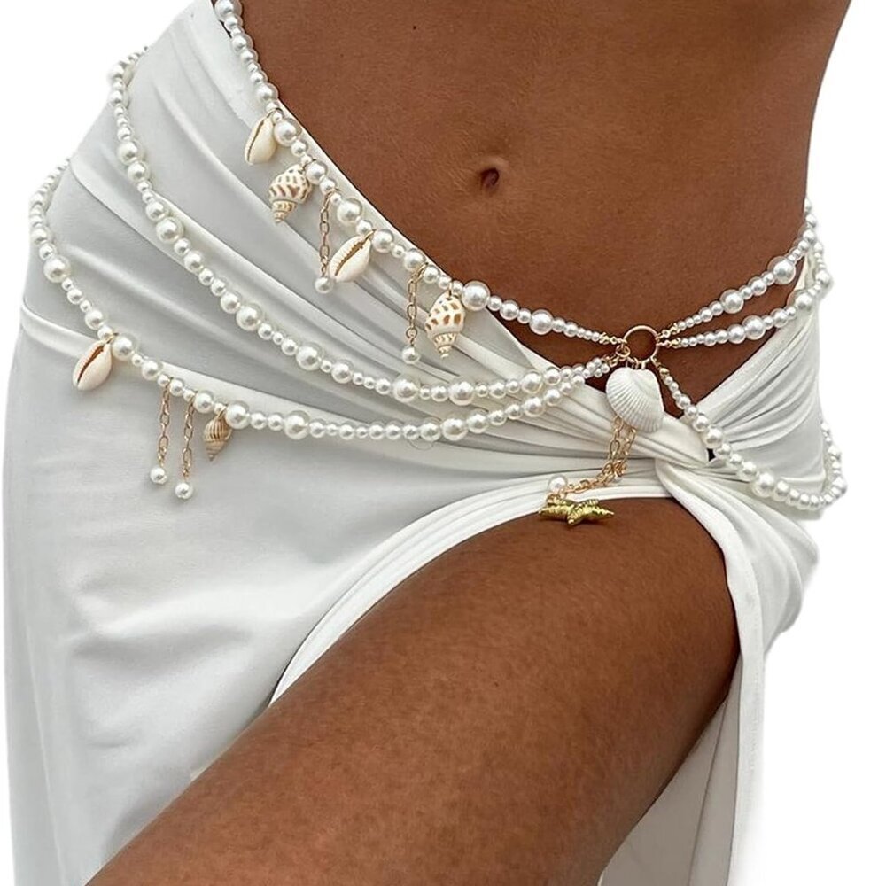 Beach Summer Pearl Waist Chain Alloy Multi-layered Body Jewelry for Women - Picture 2 of 7